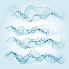 set abstract color wave smoke transparent smooth vector blue lines