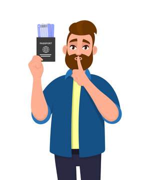 Young hipster man showing passport tickets and gesturing finger on lips. Bearded person holding boarding pass and asking silence please. Keep quiet. Sh! Cartoon illustration design in vector style.
