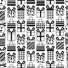 Black vector seamless pattern with simple linear symbols of gift boxes with ribbons on a white background . Design for black friday backgrounds and sales