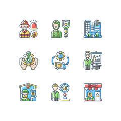 Key services RGB color icons set. Firefighting. Public safety. Bank. Essential workers. Environmental services. Safe accommodation. Transportation, logistics. Isolated vector illustrations