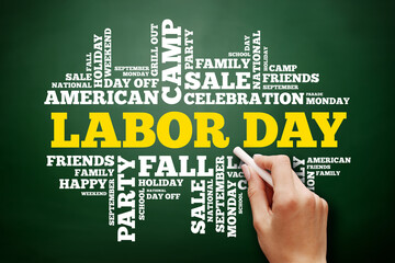 Labor Day word cloud collage, holiday concept on blackboard