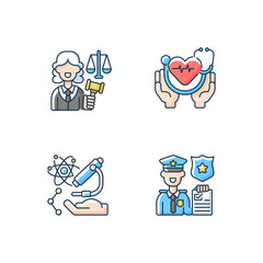 Critical services RGB color icons set. Justice sector. Health care. Human services. Research. Law enforcement. Judiciary. Medical social services. Police officer. Isolated vector illustrations