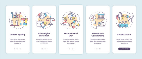 Social change benefits onboarding mobile app page screen with concepts. Equality, rights protection walkthrough 5 steps graphic instructions. UI vector template with RGB color illustrations
