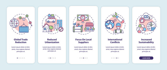Reverse globalization trends onboarding mobile app page screen with concepts. Global trade, urbanization walkthrough 5 steps graphic instructions. UI vector template with RGB color illustrations