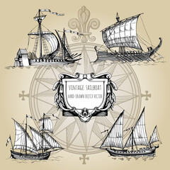 Old ships with oblique sails. Gallers. Ancient sailboats. Hand drawn vector sketch.