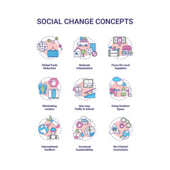 Social change concept icons set. Society development idea thin line RGB color illustrations. Global trade reduction. No criminal convictions. Vector isolated outline drawings. Editable stroke