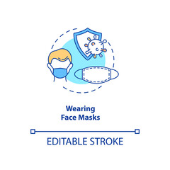Wearing face masks concept icon. New public rule idea thin line illustration. Prevention measures. Health care. Respiratory diseases. Vector isolated outline RGB color drawing. Editable stroke