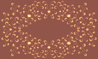festive frame with golden curls, cute simple patterns, ornate decorations and place for text. dark red brown background. Postcard, invitation