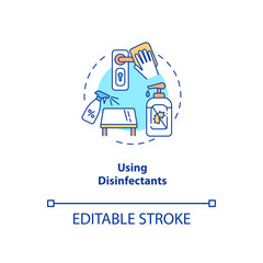 Using disinfectants concept icon. New public rule idea thin line illustration. Cleaning, disinfecting. Bacteria and viruses. Sanitisation. Vector isolated outline RGB color drawing. Editable stroke