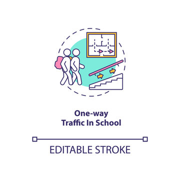 One-way traffic in school concept icon. Covid school safety rule idea thin line illustration. Uni-directional traffic. Single direction. Vector isolated outline RGB color drawing. Editable stroke