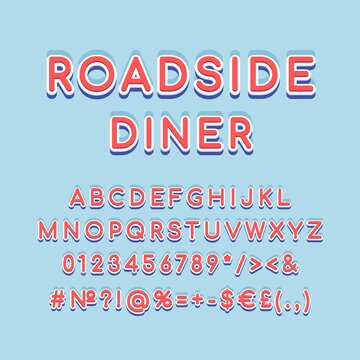 Roadside diner header vintage 3d vector alphabet set. Retro bold font, typeface. Pop art stylized lettering. Old school style letters, numbers, symbols pack. 90s, 80s creative typeset design template
