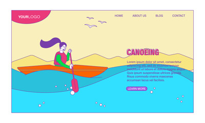 Conoeing concept. Flat cartoon vector illustration. Web page, website or landing page template.