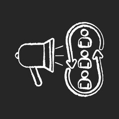 Marketing synergy chalk white icon on black background. Broadcast information to audience. Promotion strategy. Announce news. Social relation. Group chat. Isolated vector chalkboard illustration