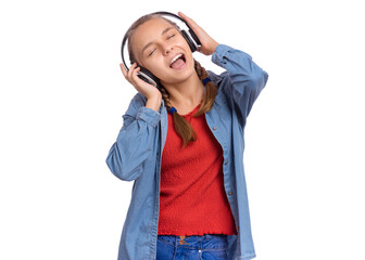 Beautiful teenage girl with headphones, isolated on white background