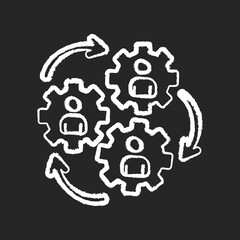 Human synergy chalk white icon on black background. Corporate workforce. Business cooperation. Develop organization. Communication of group members. Isolated vector chalkboard illustration