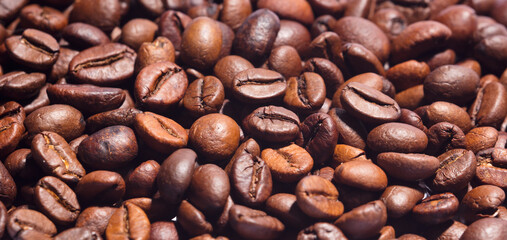 Roasted coffee beans background, Close up photo of coffee