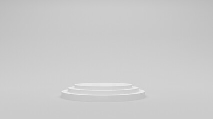 Round white podium on a white background. White display stand. 3d render.