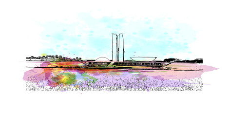 Building view with landmark of Brasilia is the federal capital of Brazil and seat of government of the Federal District. Watercolor splash with hand drawn sketch illustration in vector.