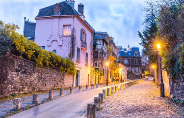 Street on Montmartre in Paris at night