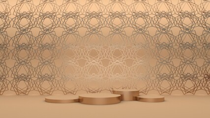 Four golden round podiums. Golden stand for product demonstration. 3d render.