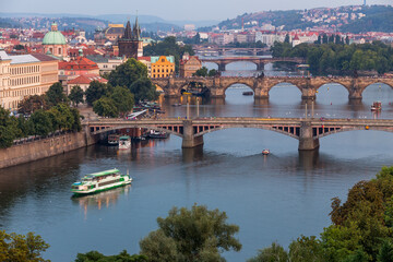 Fototapeta na wymiar Panorama of the Prague bridges from above, Czech Republic