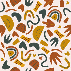 Vector seamless pattern in scandinavian style of abstract geometric shapes on a white background. Trendy organic and minimalistic design for banner, cover, wallpaper, clothes, textile . EPS 10