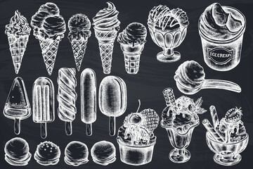 Vector set of hand drawn chalk ice cream bowls, ice cream bucket, popsicle ice cream, ice cream cones, ice cream scoop, ice cream balls