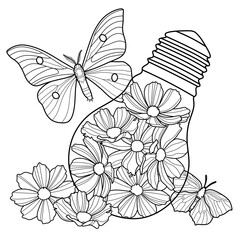 Coloring antistress page for adults 
and children. 
Cosmos flowers in a big light bulb and butterflies