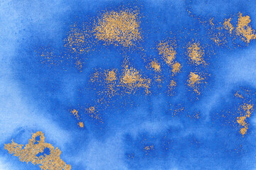 Festive watercolor background with splashes of gold paint. For invitations, greetings, presentations, logos, wedding decor. Hand drawing.