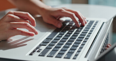 Woman works on laptop computer at home