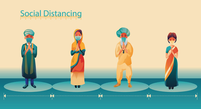 Social distancing, people keep distance and avoid physical contact, handshake or hand touch to protect from COVID-19 coronavirus spreading concept, people are using the INDIA greeting of Namaste