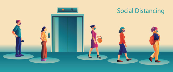 Social Distancing, People keeping distance for infection risk and disease, wearing a surgical protective Medical mask for preventing virus Covid-19 or Coronavirus novel. Health care concept.