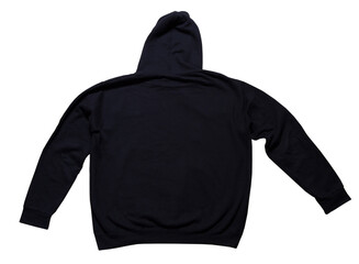 Black hoodie isolated on white background - back view. Hoody isolated over white, hooded sweater mockup