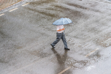 An old man in a very heavy rain walks down the street. He is holding umbrella in hand.