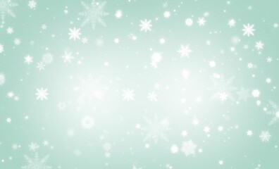 Fototapeta na wymiar Green abstract background. white light and snowflakes bokeh winter for Christmas new year blurred beautiful shiny lights use for card banner wallpaper backdrop and your product.
