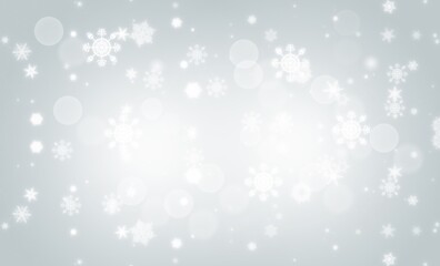 Gray abstract background. white light and snowflakes bokeh winter for Christmas new year blurred beautiful shiny lights use for card banner wallpaper backdrop and your product.