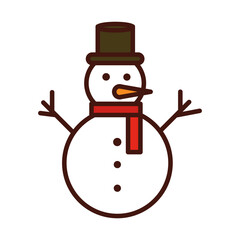 happy merry christmas, snowman with scarf and hat character line fill icon