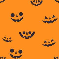 Halloween pumpkin faces seamless pattern. Carved pumpkins texture background.