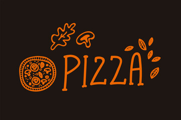 Vector illustration of pizza lettering in Doodle style. Cartoon logo for pizzeria: cooking, bakery, pizza making, linear creativity. Restaurant and culinary wall emblem Doodle hand drawn line. Vector