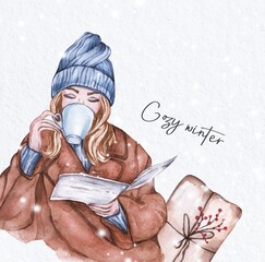 Watercolor girl with coffee. Winter girl
