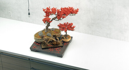Red flower bonsai, ornamental flowers, indoor plants, 3d illustration, 3d rendering