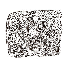 Vector illustration of a pattern of kitchen doodles. Cartoon set of cooking in a cafe: cooking, bakery, cake making, kitchen utensils, pots, pans, spoons, knives, buckets, combines, mixer, wall art