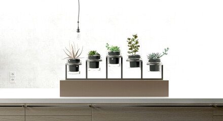 Succulents, indoor ornamental plants in pots, 3d rendering, 3d illustration