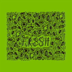 Fresh Kitchen Doodle background. Vector background kitchen cafe: Cooking food, fresh lettering in a circle of lemon, lime and mint leaves. kitchen utensils, beautiful wall design linear art. Pattern
