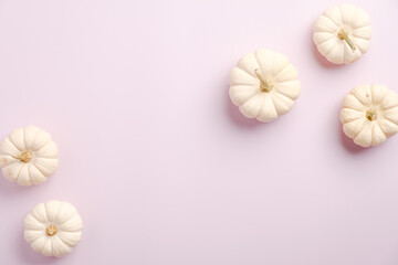 Fototapeta na wymiar White pumpkins on pink background. Flat lay composition, top view. Minimalist style. Autumn fall, thanksgiving concept.