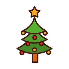 happy merry christmas, tree with star and hanging balls decoration line fill icon