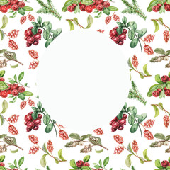 Lingonberry berries. Hand-drawn watercolor pattern. Bright beautiful print, textile, background. forest. Cotton, snowberry, spruce, pine, branches and cones. Seamless pattern Sketch, retro, vintage. F