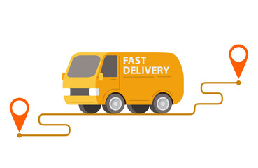 Delivery yellow van carrying parcels on points.Vector illustration.Cargo car.Isolated on a white background.