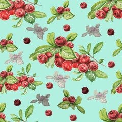 Lingonberry berries. Hand-drawn watercolor pattern. Bright beautiful print, textile, background. forest. Cotton, snowberry, spruce, pine, branches and cones. Seamless pattern Sketch, retro, vintage. F