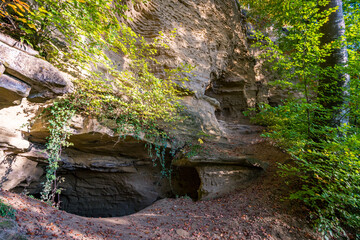 Hike at the golden hour to the famous Heidenhoehlen near Stockach on Lake Constance